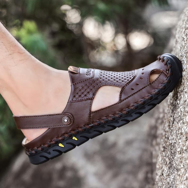 Sandales de randonnée pour hommes Sandales en cuir noir Sandales d'été d'extérieur Sandales romaines à bout large Marron Chaussures de plage Chaussures d'eau Grande taille