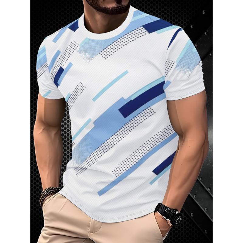 Мужская футболка с коротким рукавом в стиле business casual, геометрический пэчворк, бело-синяя, из полиэфирного волокна, дышащая, приятная для кожи, с круглым вырезом, универсальный топ S