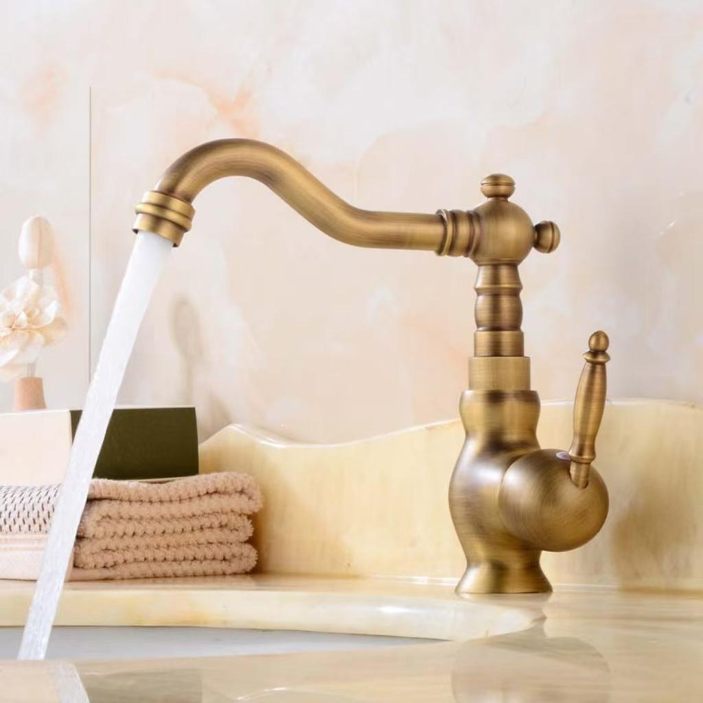 All-Copper Antique Kitchen Sink Faucet, Deck Mounted, Single Hole, Cold/Hot Water. Antique, Regular, Short