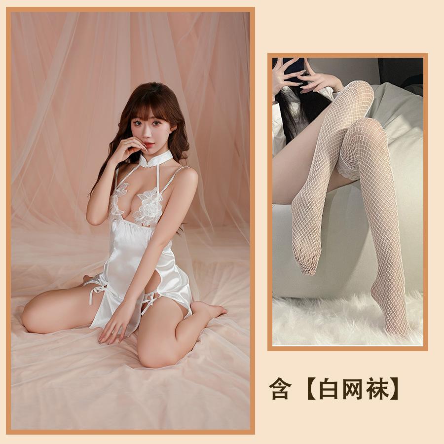 Sexy Underwear Women's Straps Backless Sweet Stand-up Collar Retro Hollowed Cheongsam Nightdress Uniform Suit Temptation