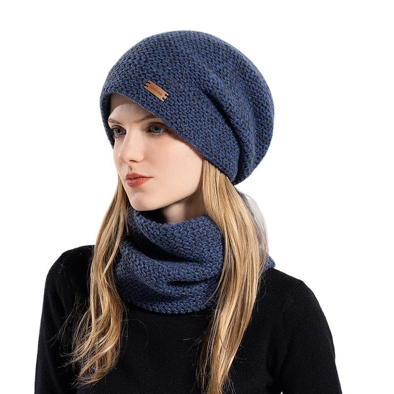 Women's Knitted Hat Winter European and American Warm Hat Scarf Set Fleece Ear Protector Pullover Wool Hat