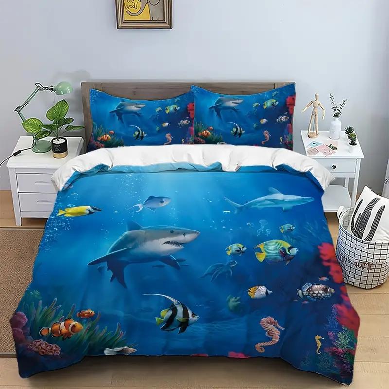 Comforter 2/3Pcs Oceanic Shark Bedding Set High-Definition Digital Print Duver 3D Pattern Soft & Skin-Friendly Bedroom