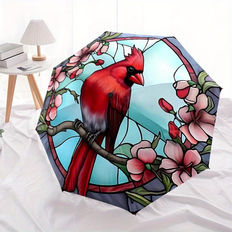 1pc Stained Glass Cardinal Compact Travel Umbrella, Automatic Folding Lightweight Windproof 8-Bone Reinforced Design, Portable for Backpack