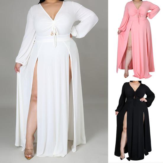 Einfarbiges Maxikleid mit geteiltem Saum für Damen, V-Ausschnitt, gerafft, bodenlang, übergroßes Kleid, Streetwear