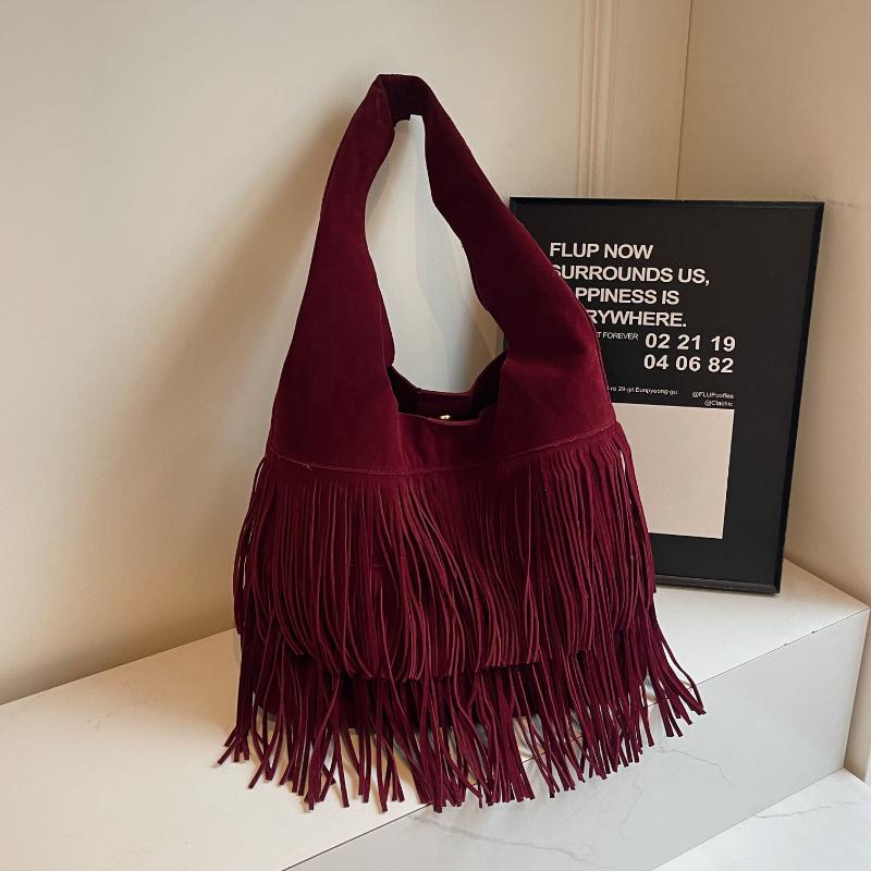 Retro Matte Tassel Bag for Ladies High Capacity Soft Fabric Stitching Line Good Appearance Single Shoulder Bag Personality New