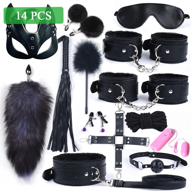 Sex toys for Women Bdsm Sex Bondage Set Handcuffs Whip 40CM Fox Tail Anal Plug Adult Games