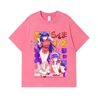 275 GSM Tvättade T-shirts 100% Bomull Ranma 12 V4 Shampoo Tryck Unisex Tung Bomulls-T-shirt