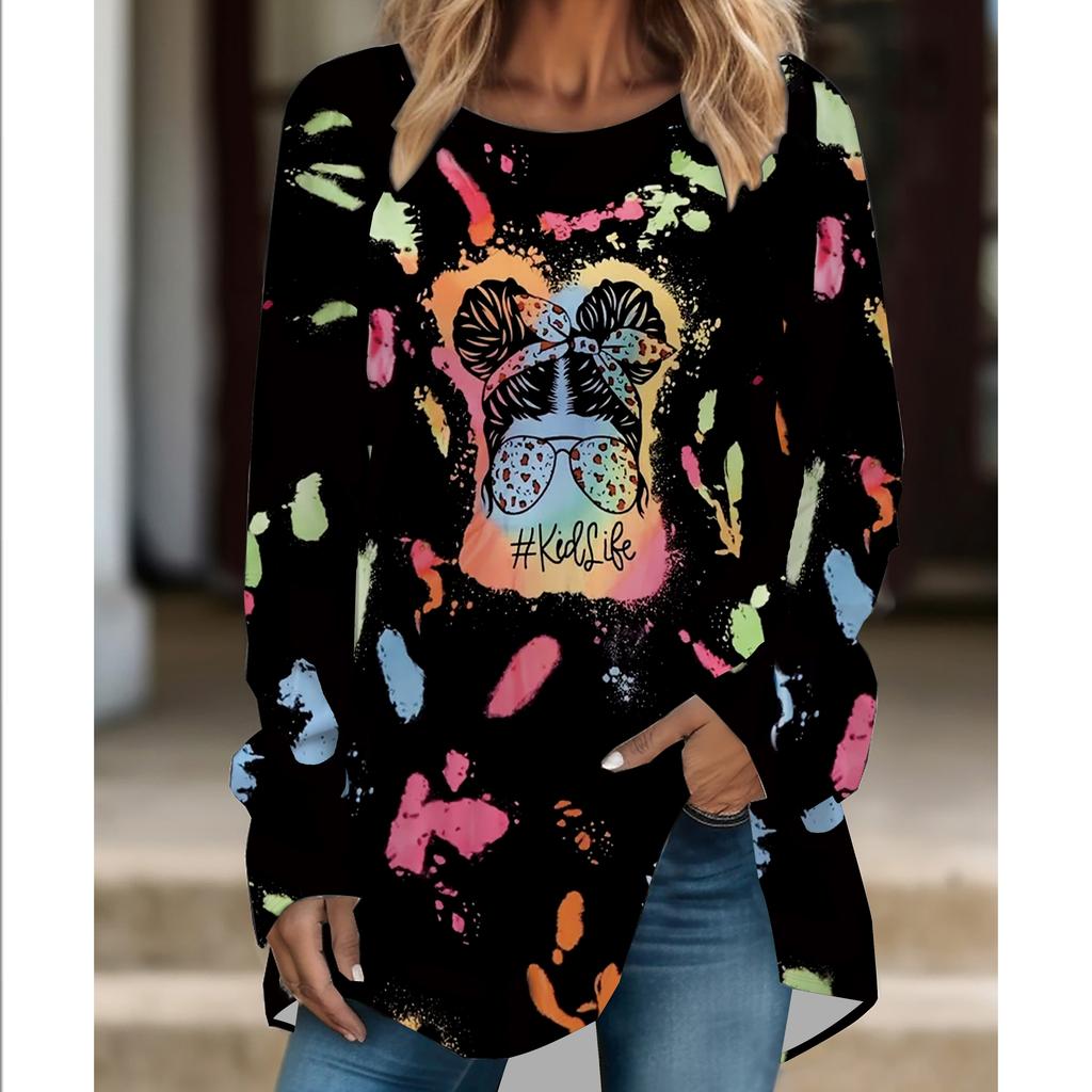 Übergröße Damen Modische Persönlichkeit Leopardenmuster Bequemes Langarm Rundhals T-Shirt Lässige Weite Mittellange T-Shirt Oberteile