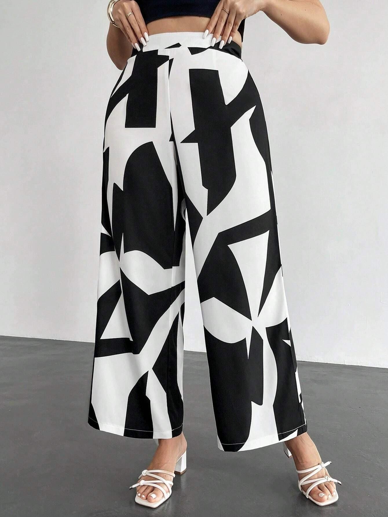 

European & American Geometric Print High-Waisted Wide-Leg Pants - Women s Casual Straight-Leg Style XL чёрный/белый