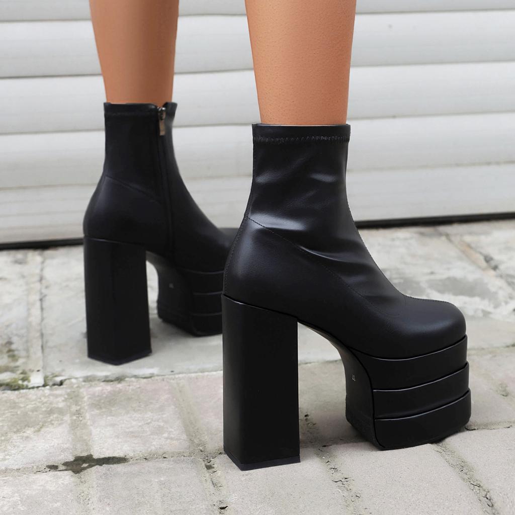 Mărimi Mari Bot Pătrat Platformă Ultra-Înaltă cu Trei Straturi Decupate Tocuri Groase Modă Populară Glezniere cu Fermoar Cizme de Damă