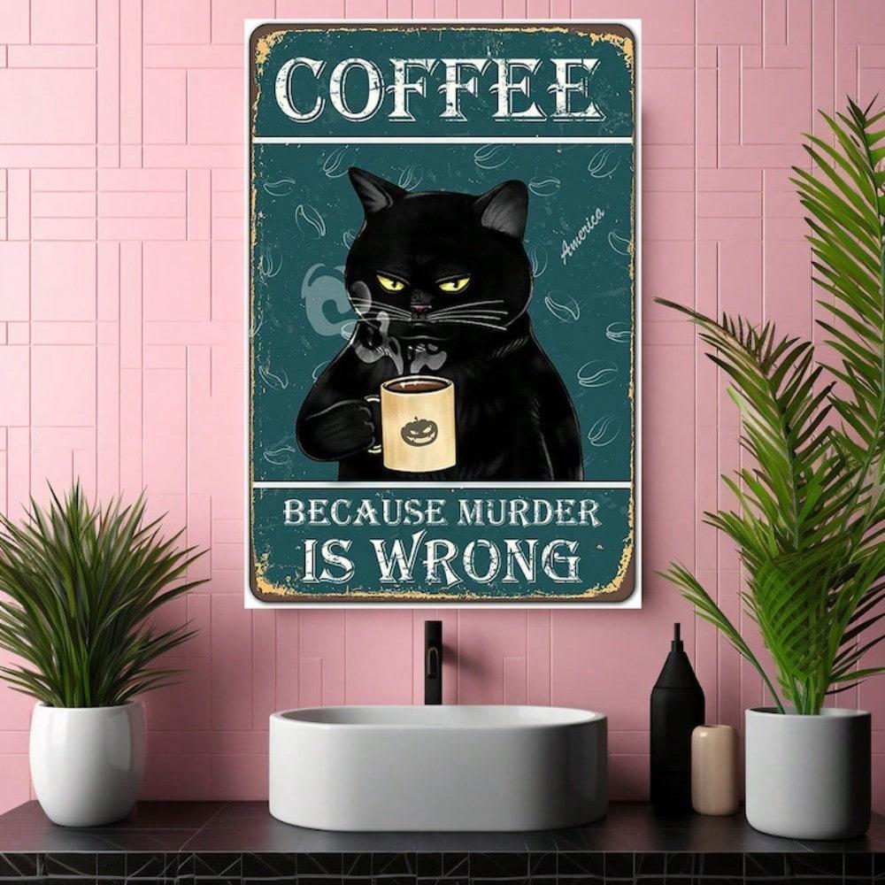 Vintage Metal Tin Sign Funny Cat Coffee Retro Wall Art Home Bar Decor