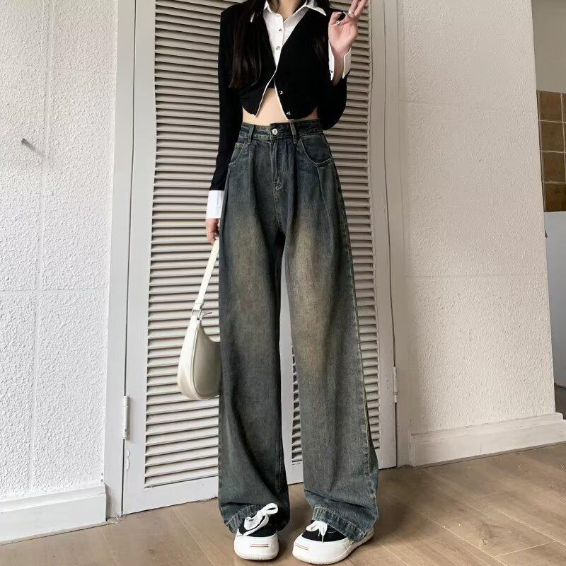 Women's White Wide-Leg Jeans, 2025 Spring/Summer, Pleated High-End, Loose Drapey Full-Length Pants.