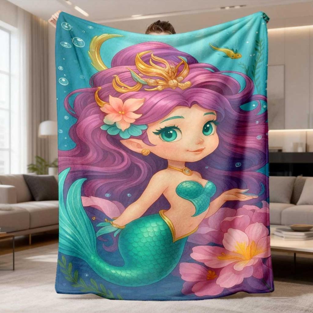 Cute Mermaid Princess Throw Blanket Plush Fleece Throw Giant Size 150x200cm Disney Inspired Fantasy Kids Bed Decor Gift for Girl