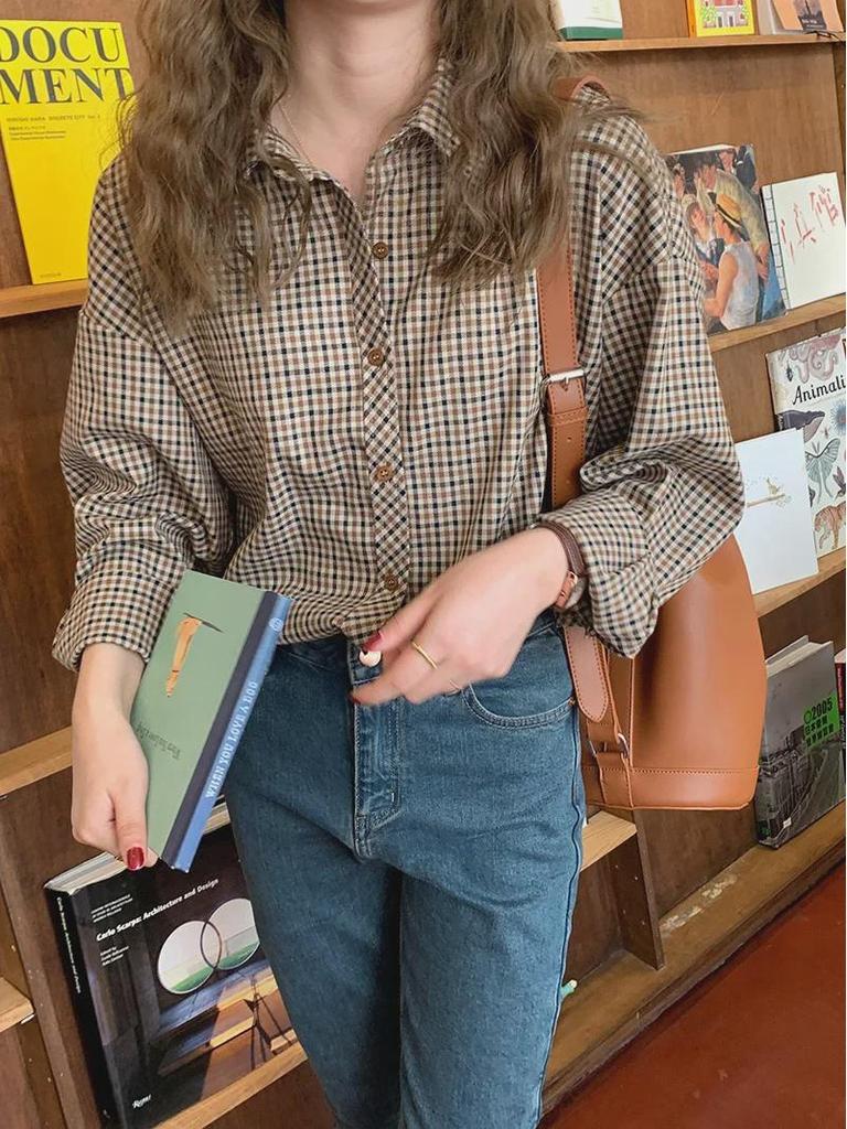 Women's Autumn Brown Plaid Korean-Style Loose Long Sleeve Shirt