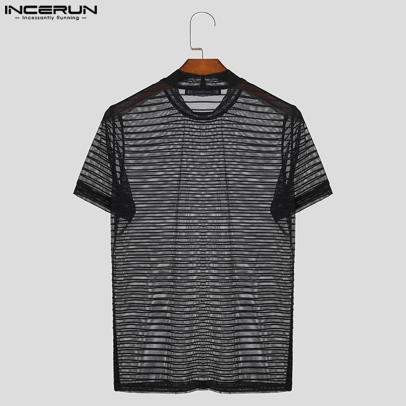 INCERUN Men Round Neck Mesh Striped T Shirts Summer Beach Party Short Sleeve See Through Tops 