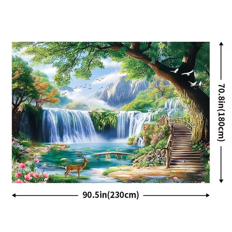2D-Natur-Wandteppich mit Wasserfall, Hirschen und Seelandschaft als Hintergrundstoff für das Wohnzimmer