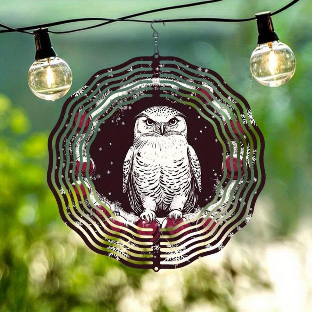 Christmas Owl Wind Spinner 3D Metal Hanging Ornament for Indoor Outdoor Garden Decor Holiday Yard Art Easy Install No Power Needed