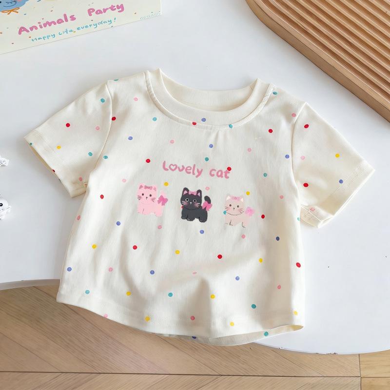 Girls Summer 100 Percent Cotton Short Sleeve T Shirt Cute Cat Print Breathable Casual Kids Top With Colorful Dots