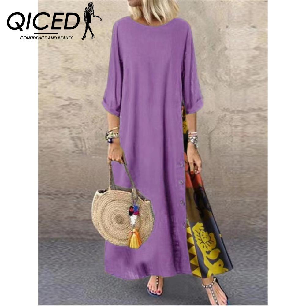 QICED 12 color Women Fashion Casual Loose Long Sleeve Floral Print Party Maxi Dress Plus Size Vestidos Longos Robe