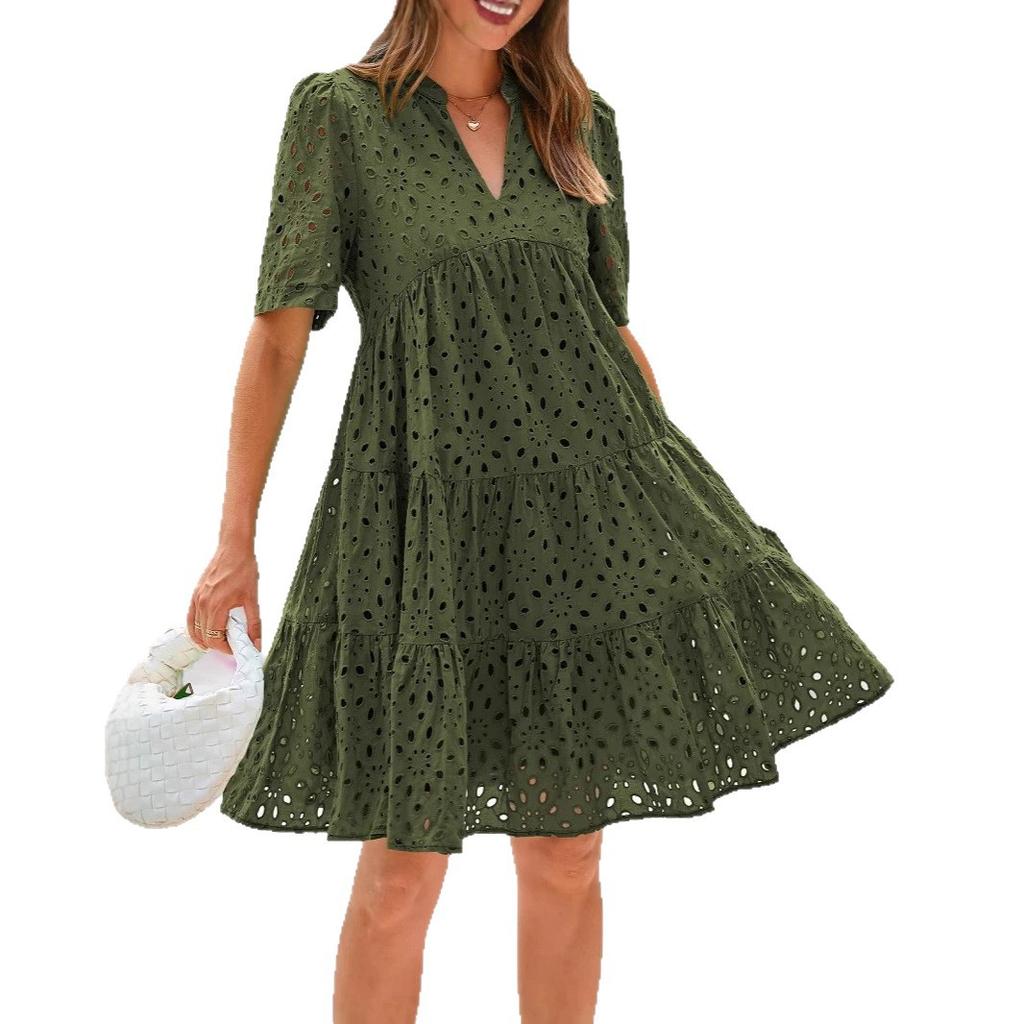 2026 Short Sleeve Women's Beach Vacation Skirt French V-Neck Hollow Lace Dress High-end A-shaped Dress