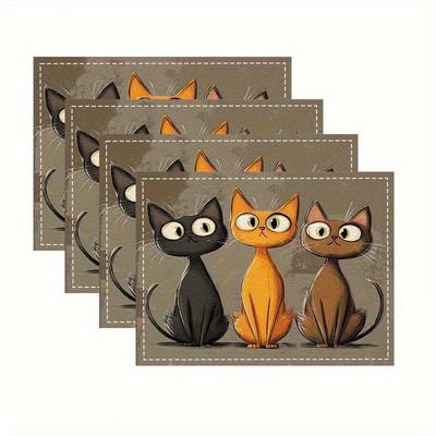 4pc S Cat-Patterned 12X 18inch Single-Sided Printed Fabric Placemat Set, Suitable for Dining Tables and Home Use, Suitable for Table Decoration and Pa