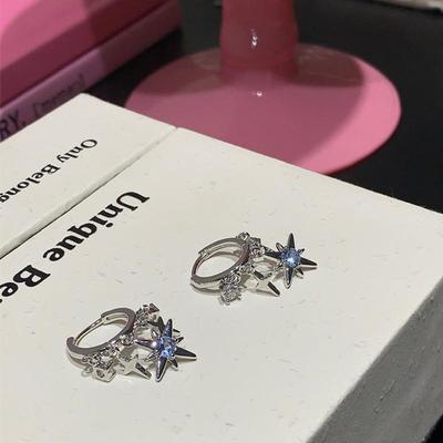 Blauer Zirkon Achtzackiger Stern Anhänger Ohrringe Für Frauen Silberfarbe Stern Quaste Ohrbügel Y2K Schmuck Geschenk