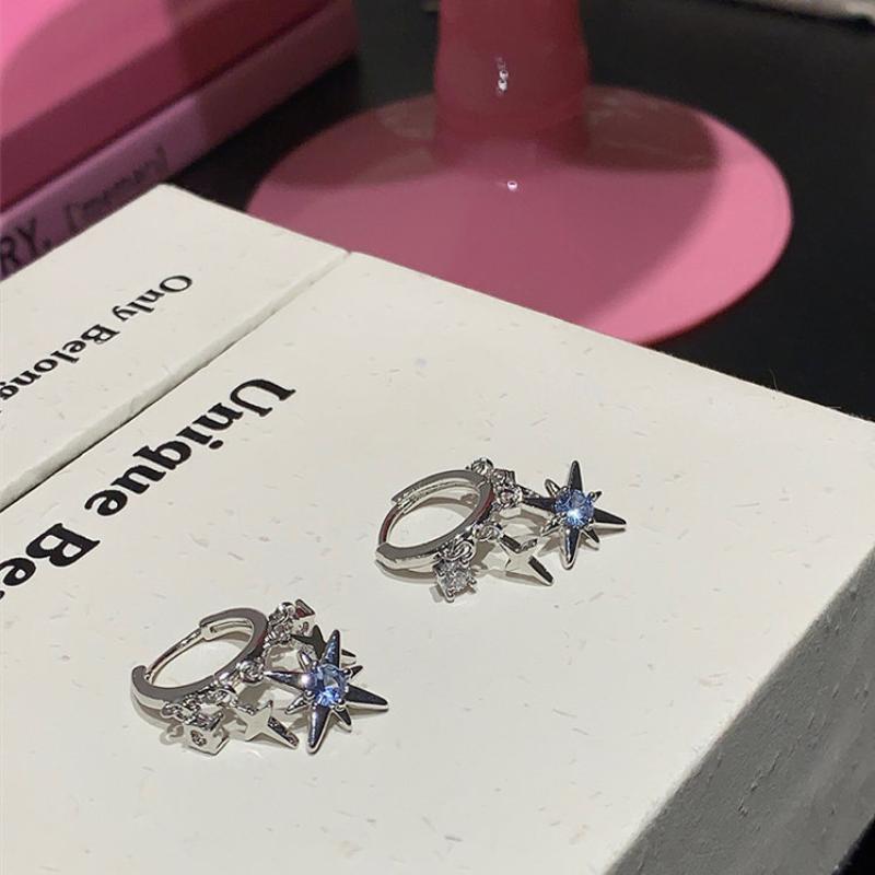 Blauer Zirkon Achtzackiger Stern Anhänger Ohrringe Für Frauen Silberfarbe Stern Quaste Ohrbügel Y2K Schmuck Geschenk