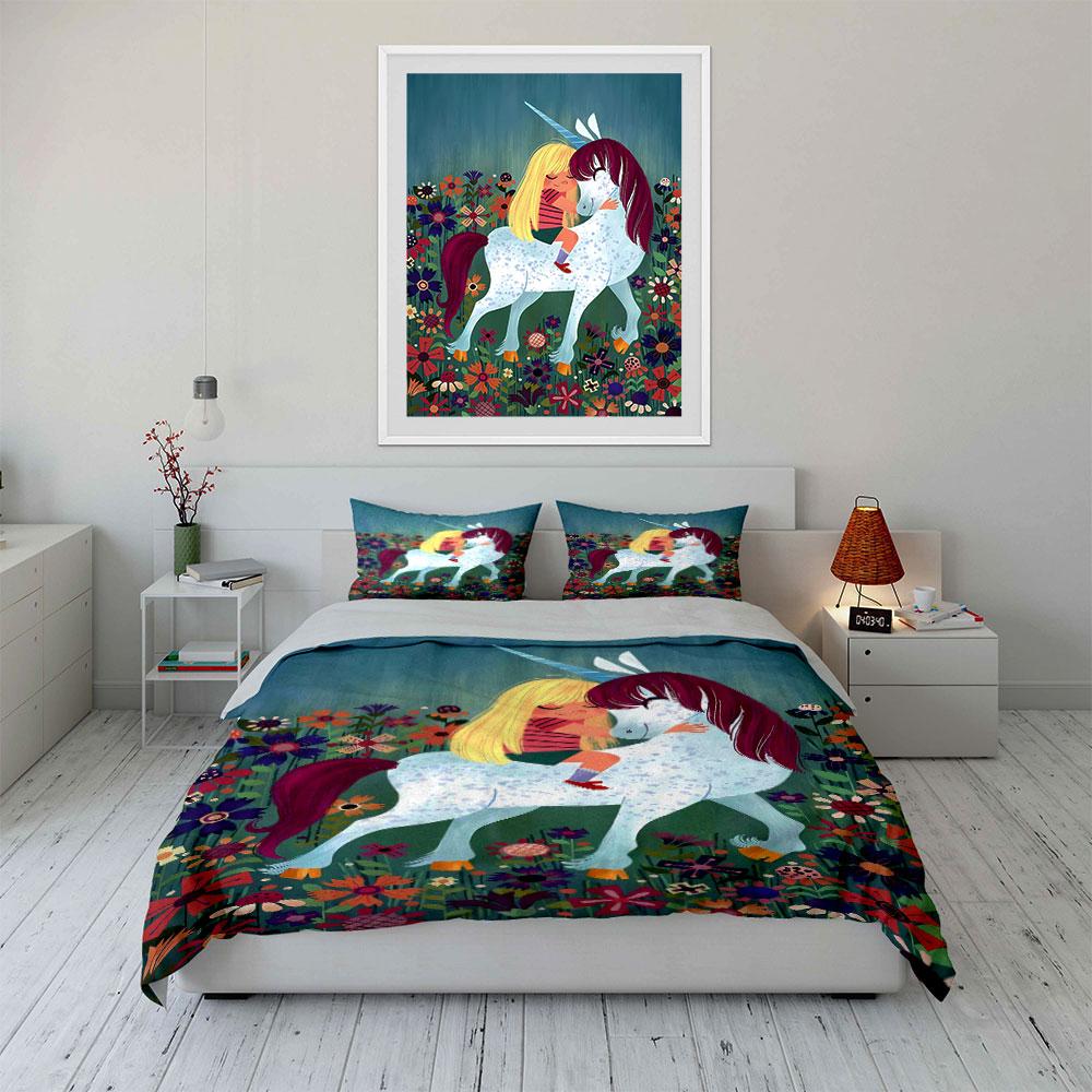 Unicorn amidst colorful flowers. Bedding sets Duvet cover sets Duvet covers Pillowcases(1 * Duvet Cover 2 * Pillowcases without duvet insert)