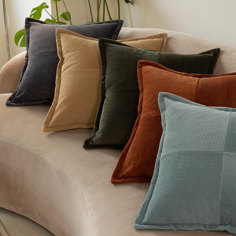 Corduroy Color-Blocking Striped Pillow Cover Living Room Sofa Solid Color Cushion Cover Plush Lamb Velvet Pillow