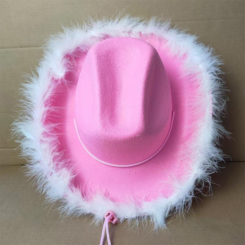 1Pc Gorgeous Fluffy Feather Brim Cowboy Hat Wide Brim Cowgirl Hat All-Match For Mardi Gras Rave Play Dress Up