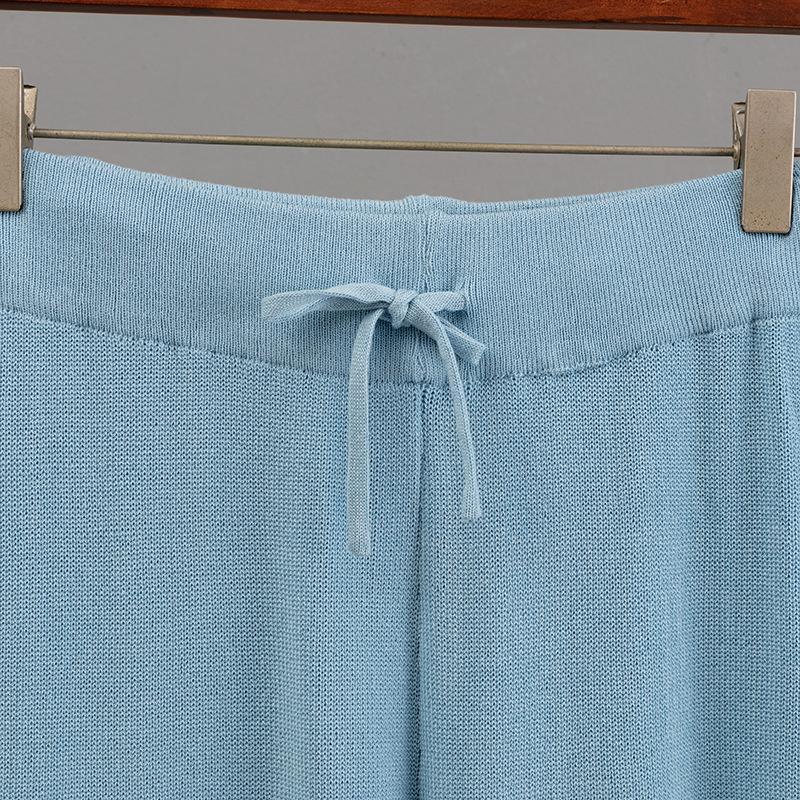 Knitted Solid Color Loose Zipper Hooded Short Sleeved Top Set Casual Wide Leg Pants Two Piece Set