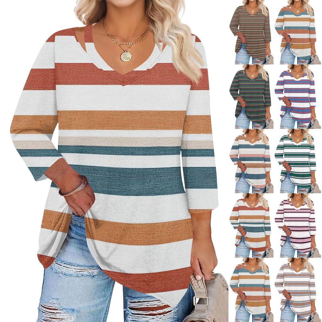 Women's Print Plus Size Tops Hollow V Neck 3/4 Sleeve Shirt Elegant Casual Tops