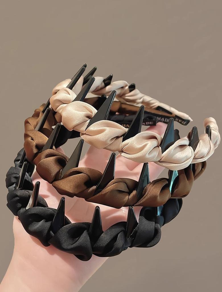 Solid Color Satins Non-Slip Headband Teeth Stretchy Fabric Wrapped Hairband for Women Daily Hair Accessories