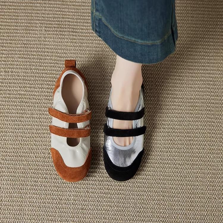 Cowhide Version~ French Retro Style Color Matching Light Mouth Mary Jane Shoes 2025 New Round Head Commuter Flat Shoes