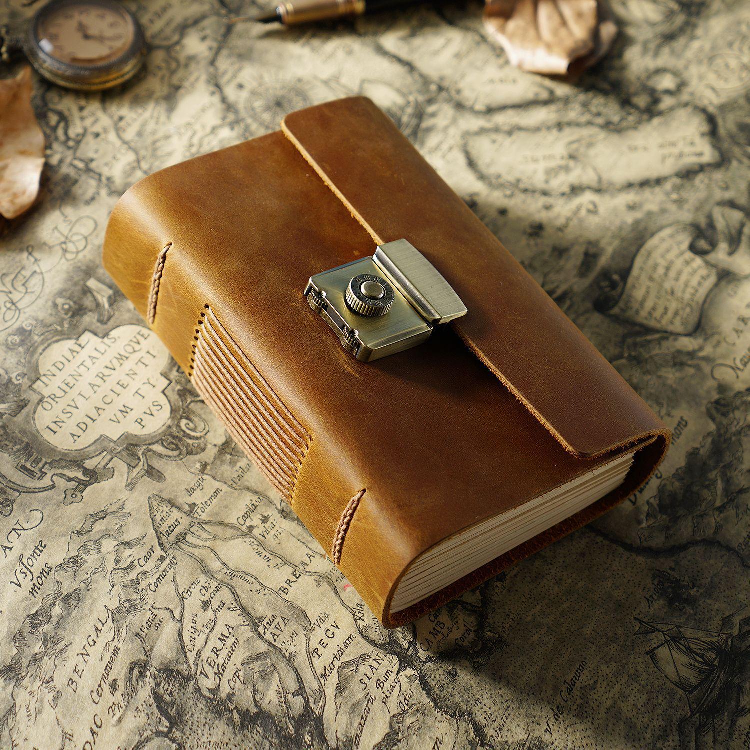 

Vintage Leather Diary with Password Lock - Handmade Cowhide Notebook Planner Gift for Men and Women