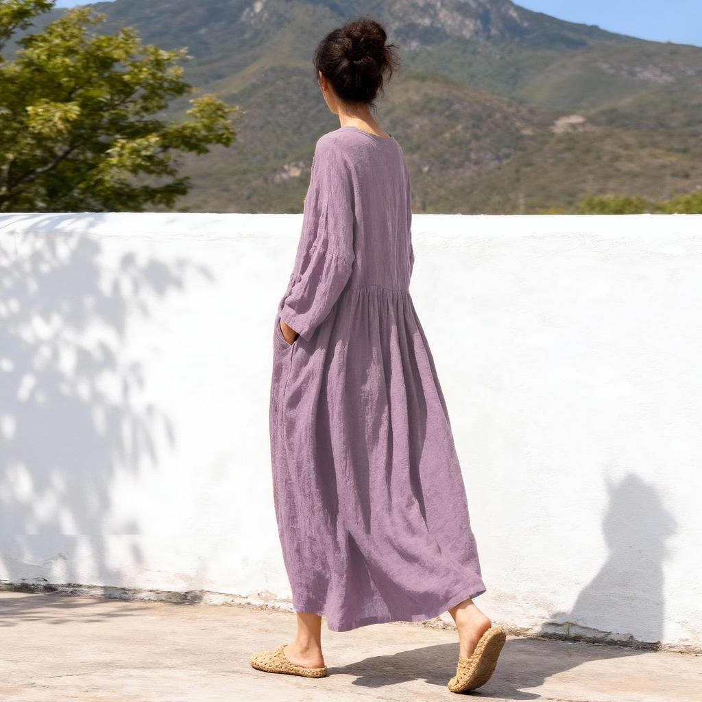 Johnature Women Vintage Dress Spring Chinese Style Solid Color V-Neck Long Sleeve Robes Patchwork Dresses