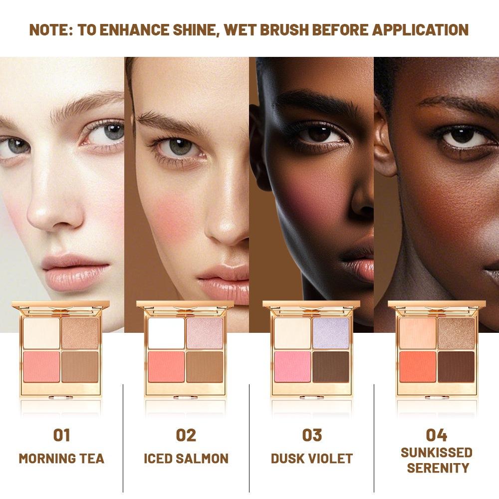 Four-in-one Multi-functional Facial Palette Pearlescent Matte Highlight Blush Concise Tray Waterproof Velvet Eye Shadow Palette