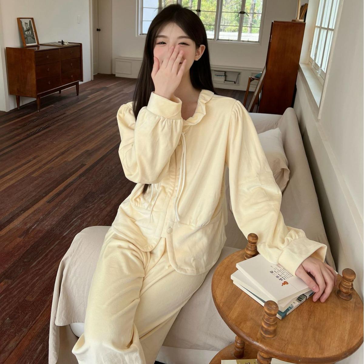 

Winter Sleepwear Princess Style Nightwear Women 2PCS Pajamas Suit Island Velvet Home Clothes Loose Casual Pijamas Set Loungewear XL