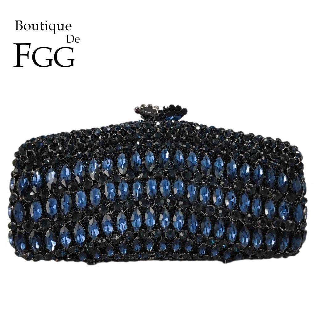 Boutique De FGG Marineblauw Kristallen Clutch Portemonnees Dames Avond Handtassen Bruids Strass Minaudière Tassen Bruiloft Feest Tas
