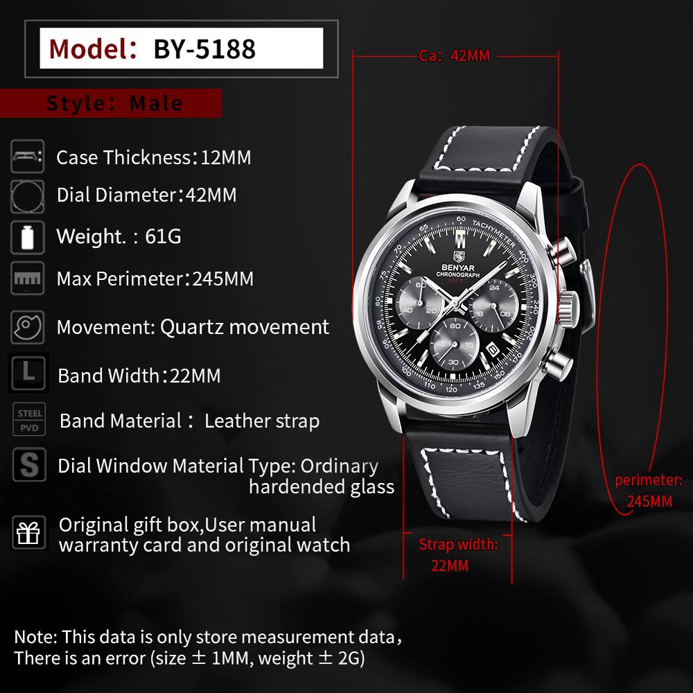 BENYAR Relojes de cuarzo a prueba de agua, relojes de cuarzo para hombres con movimiento, reloj de lujo, reloj deportivo informal para hombres