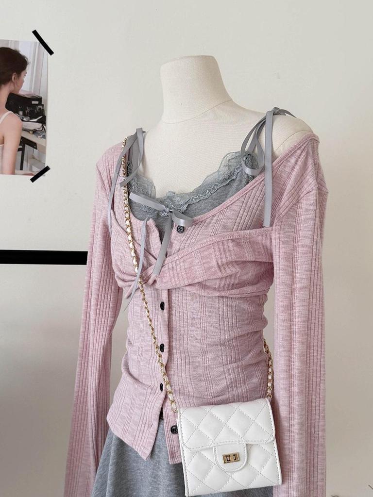 2026 Frühling Koreanischer Stil Spitzenbesetztes Trägertop & Schlankmachender Langarm-Strickjacken-Set für Damen