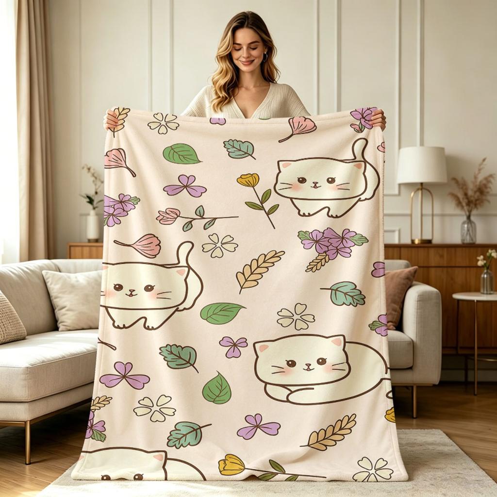 Soft Flannel Throw Blanket Cute Cat Floral Leaf All Season Print for Sofa Couch Bed Office Living Room Warm Cozy Lightweight Decorative Blanket for Da