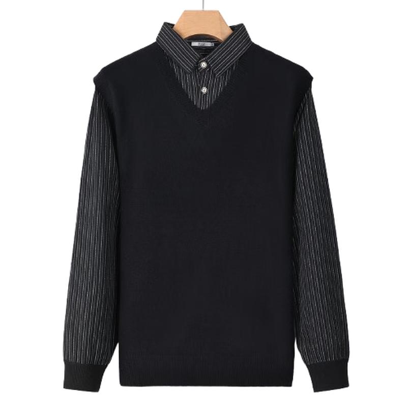 SNOWFLYING Men's Vertical Stripe Jacquard Faux Two-Piece Knit Sweater