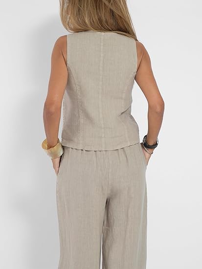 Completo in Lino da Donna - Completo 2 Pezzi Camicia Bottoni Scollo a V Senza Maniche Pantaloni Vita Alta Gamba Larga Set Coordinato