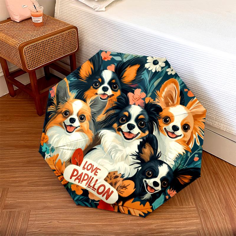 Papillon with Tongue Sticking Out  Pattern, Automatic Folding Umbrella, Portable and Foldable Design, 8 Ribs, a Christmas or Birthday Gift.
