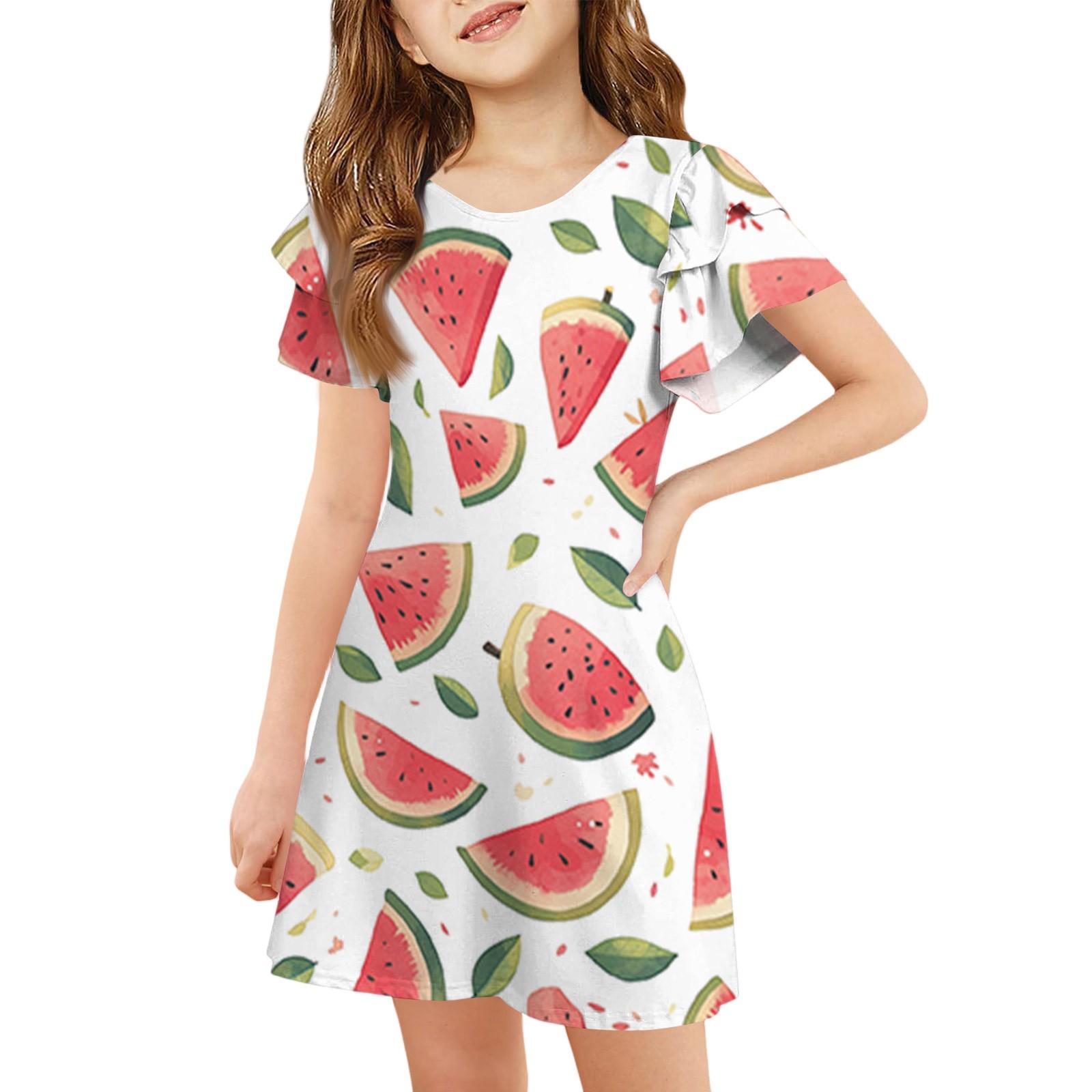 

Girls Ruffle Sleeve Dress - Round Neck Printed Sundress 140