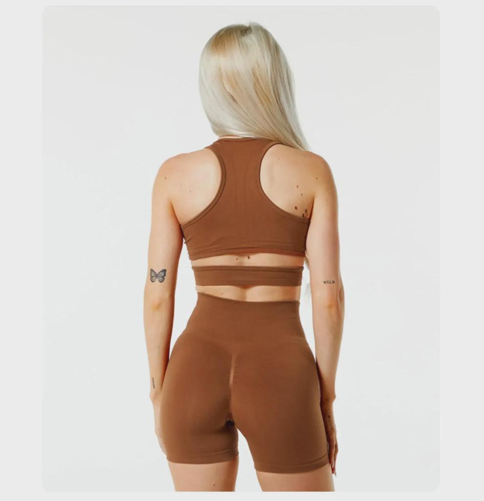 Αθλητικό Σετ Γιόγκα Χωρίς Ραφές Ευρωπαϊκού & Αμερικανικού Στυλ: Όμορφο Σουτιέν Πλάτης & Σορτς Υψηλής Μέσης