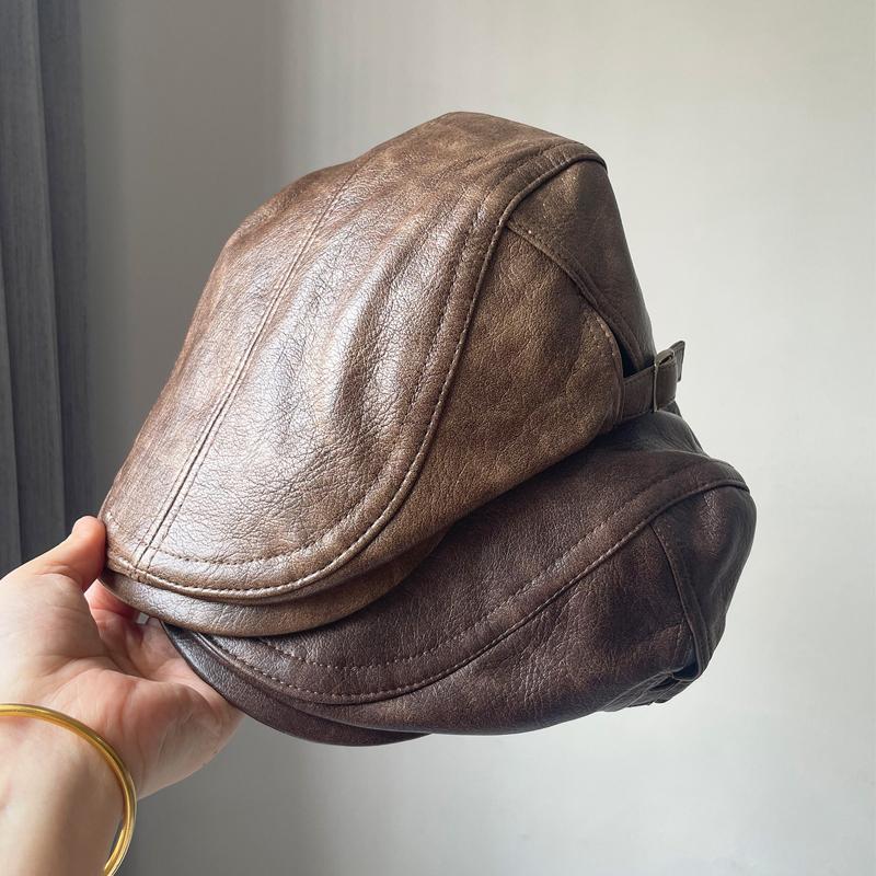 American Retro PU Leather Plain Baker Boy Hat for Women Autumn Winter Unisex Beret Newsboy Cap Reversible Duckbill Peaked Cap