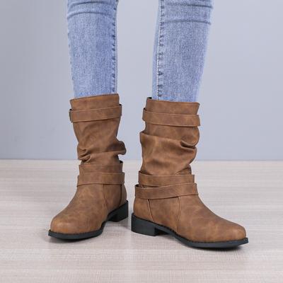 Mittelstiefel mit flachem Boden Damen Herbst und Winter neu Gürtelschnalle Ritterstiefel runde Spitze Damen Übergröße Zigarettenstiefel