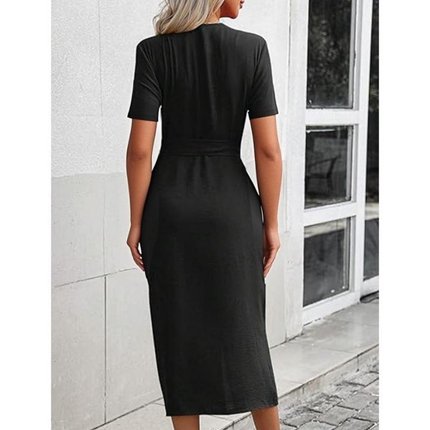 YYFS Women's Fashion Summer Spring Solid Color Print Short Sleeve V-Neck High Waist Casual Dresses